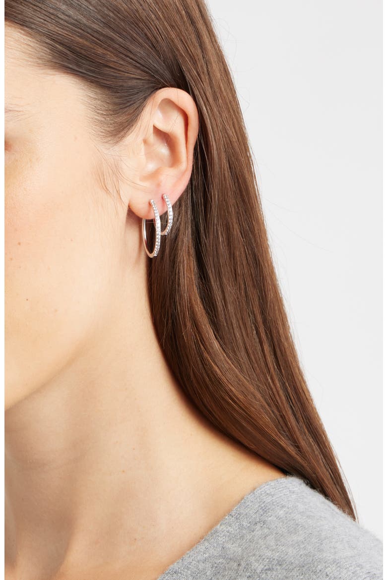 Set of 2 Cubic Zirconia Pavé Skinny Hoop Earrings, Alternate, color, CLEAR- SILVER