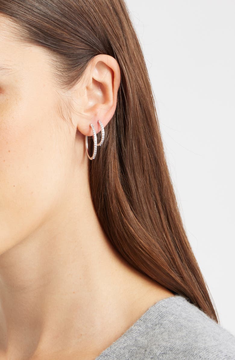 Nordstrom Set of 2 Cubic Zirconia Pavé Skinny Hoop Earrings, Alternate, color, Clear- Silver