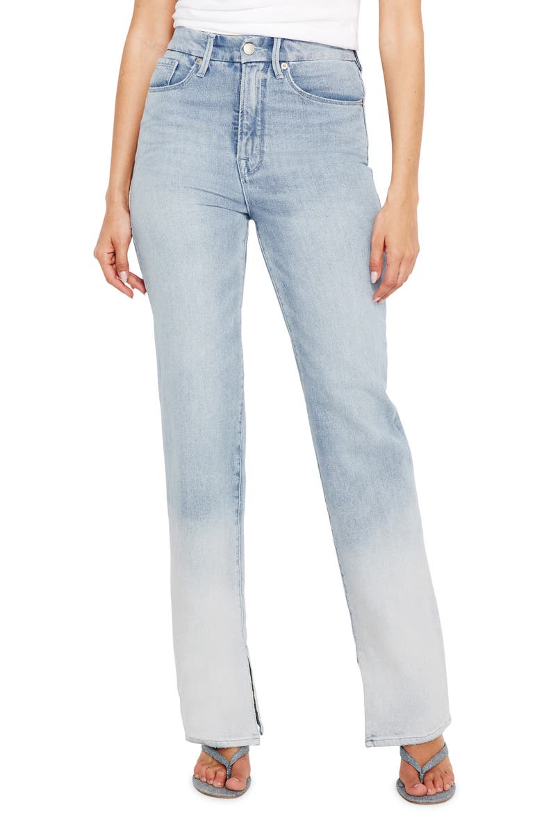 Good American Good Boy High Waist Side Slit Raw Hem Jeans, Main, color, Indigo665