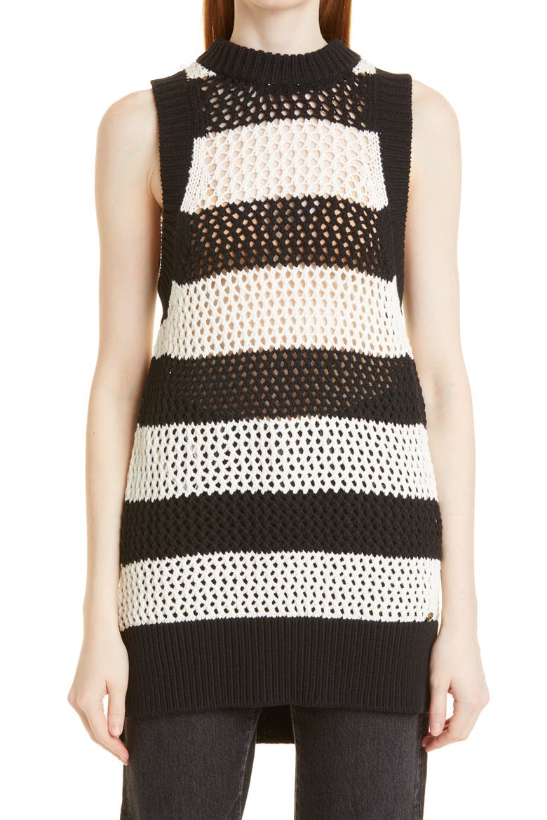 Heide Stripe Open Stitch Stretch Cotton & Silk Tank, Main, color, BLACK/ WHITE