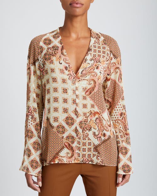 Santorelli Zuri V-neck Blouse With Flared Long Sleeves In Ochre Multi