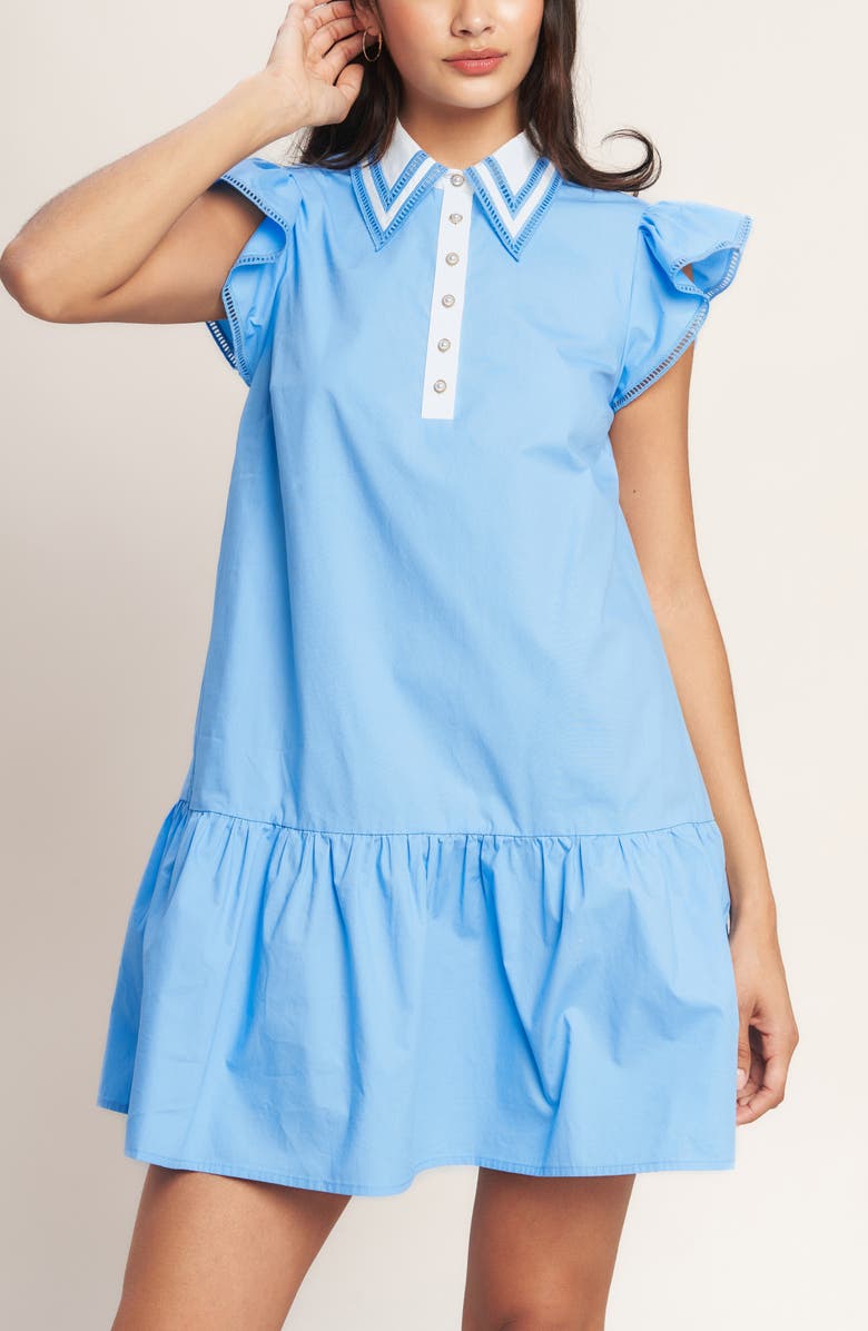 FLYING TOMATO Faux Pearl Button Cotton Shirtdress, Alternate, color, Blue