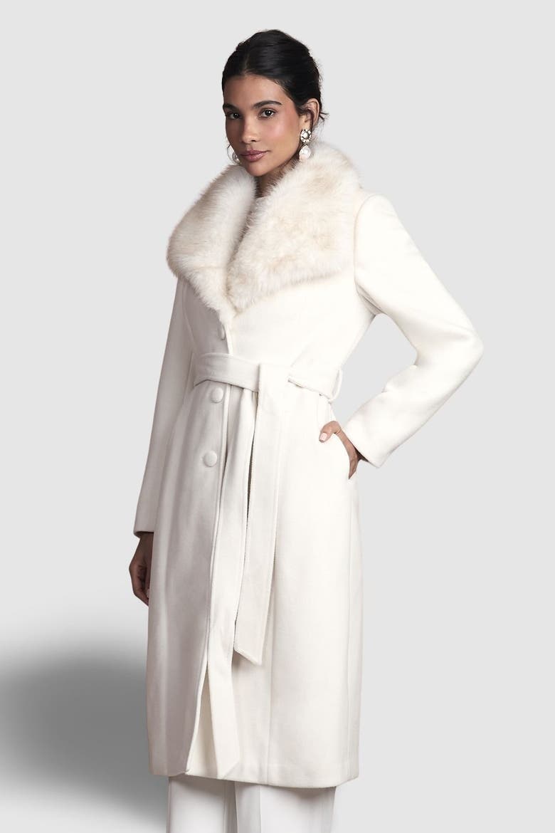 Faux Fur Collar Belted Midi Coat, Main, color, Ivory
