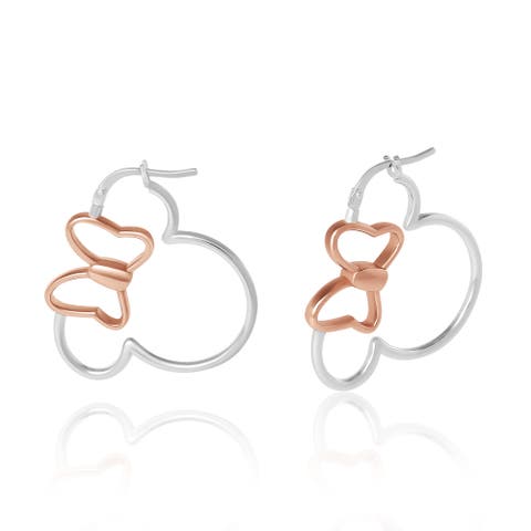 Minnie Mouse Hoop Earrings for Women Official License, Sterling Silver Minnie Earrings with 18k Pink Gold Flash-Plated Bow