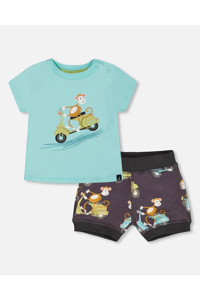 Baby Boy's Two-Piece Top And Short Set Monkey On Navy And Turquoise Moped, Main, color, Monkey On Navy And Turquoise