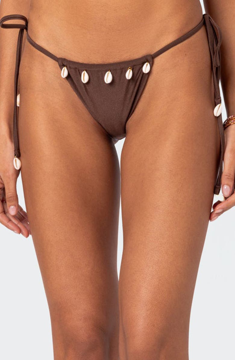 EDIKTED Puka Charm Side Tie Bikini Bottoms, Main, color, Brown