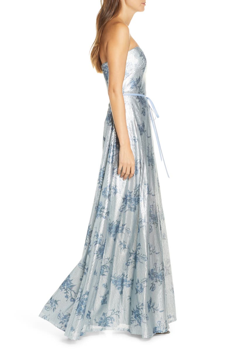 Marchesa Notte Strapless Print Sequin A-Line Gown, Alternate, color,