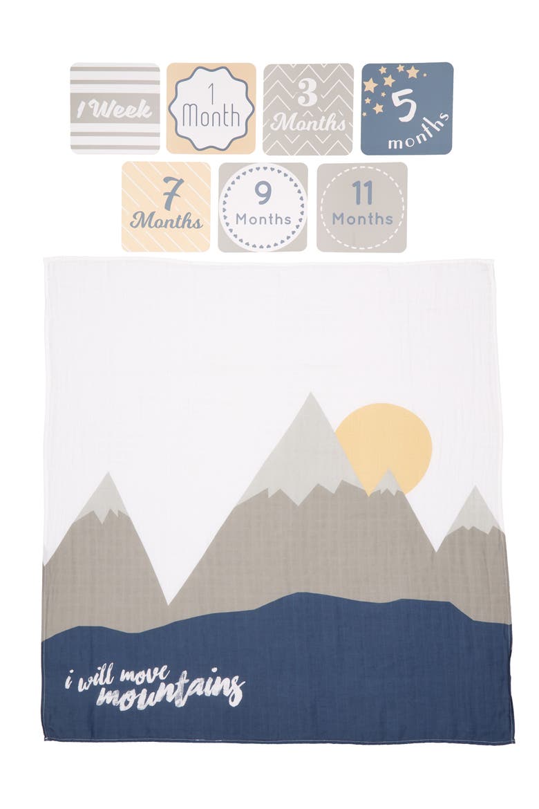 Baby's First Year - I Will Move Mountains Muslin Blanket & Milestone Card Set, Alternate, color, BLUE