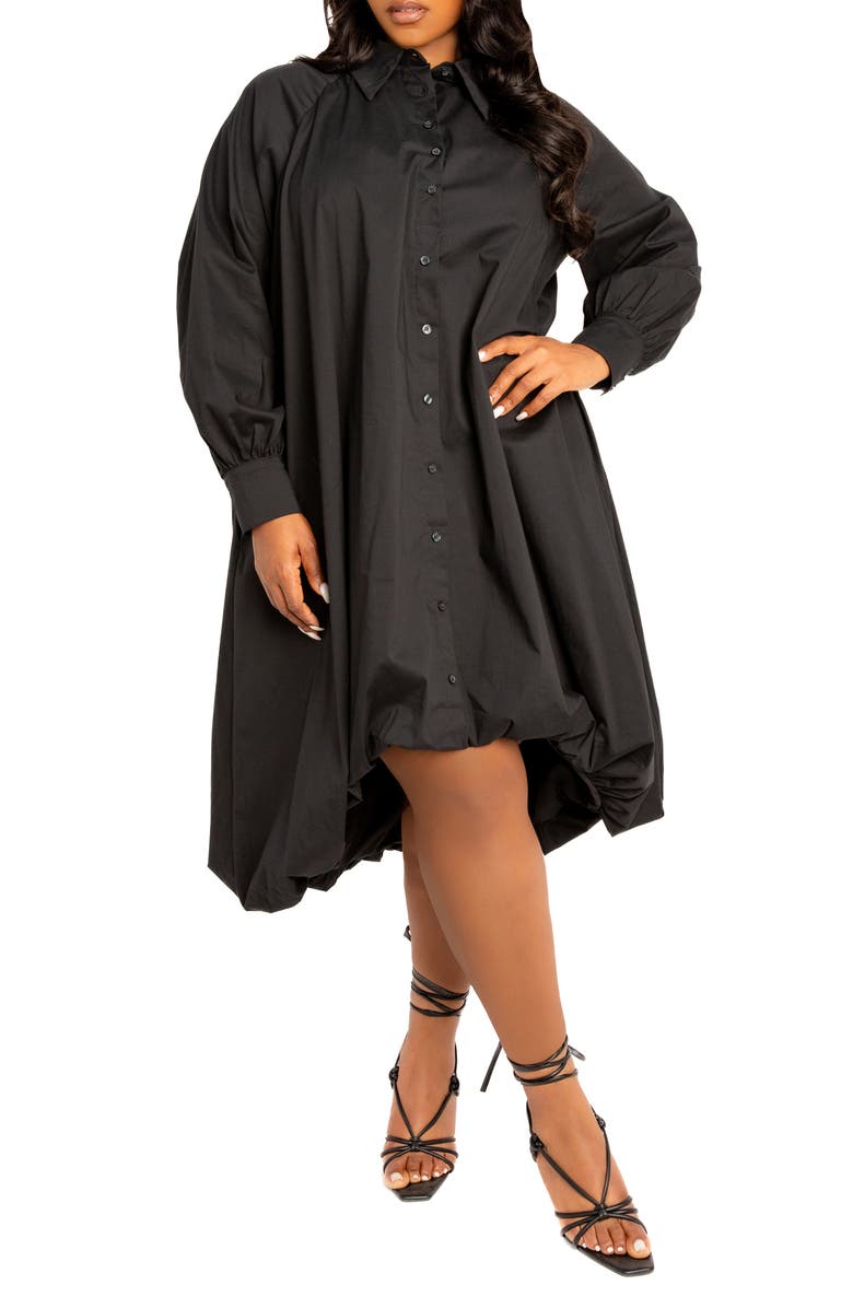 BUXOM COUTURE Long Sleeve High-Low Bubble Hem Shirtdress, Alternate, color, Black