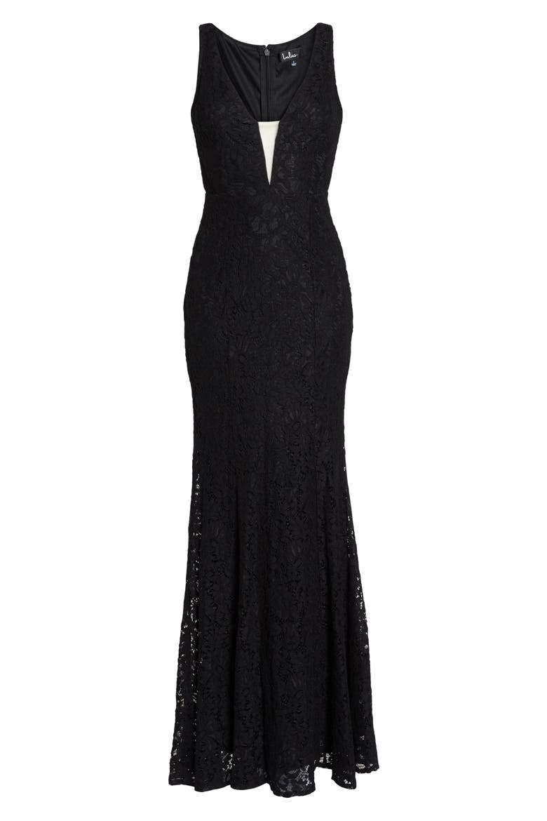 Plunging Neckline Lace Trumpet Gown, Alternate, color, BLACK