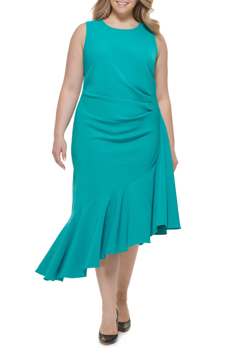 Eliza J Asymmetric Ruffle Cocktail Midi Dress, Main, color, Brght Turquoise