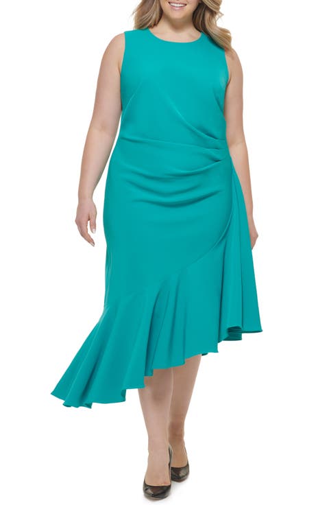 Asymmetric Ruffle Cocktail Midi Dress (Plus)