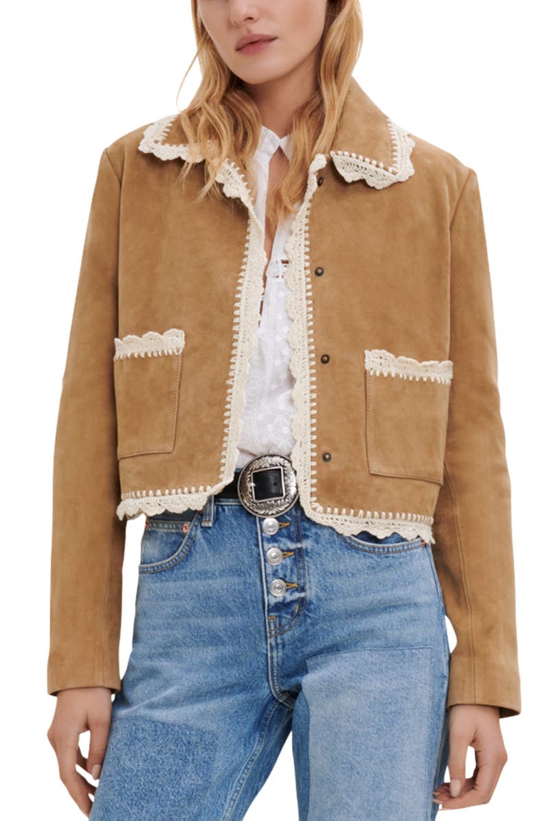 maje Bicoti Crochet Trim Suede Jacket, Main, color, 