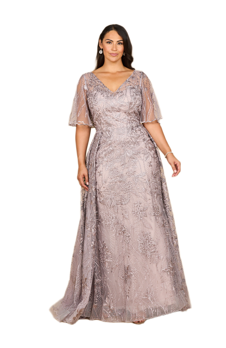 LARA New York Overskirt Lace Fitted V-Neck Gown with Cape Sleeves, Main, color, Dusty Lavender