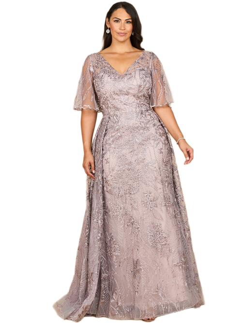 Lara New York Overskirt Lace Fitted V-neck Gown With Cape Sleeves In Purple