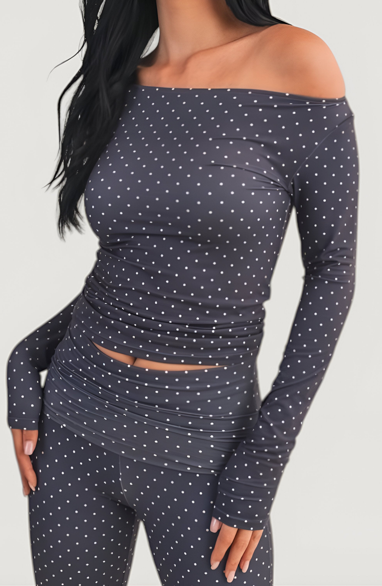 Modenaire Polka Dot Off-Shoulder Long-Sleeve Ruched-Waist Top, Alternate, color, 