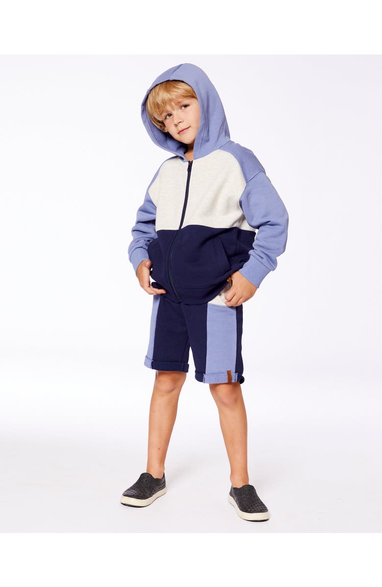 Deux par Deux Boy's French Terry Color Block Full Zip Hoodie Sweatshirt Blue, Navy And Cream, Alternate, color,