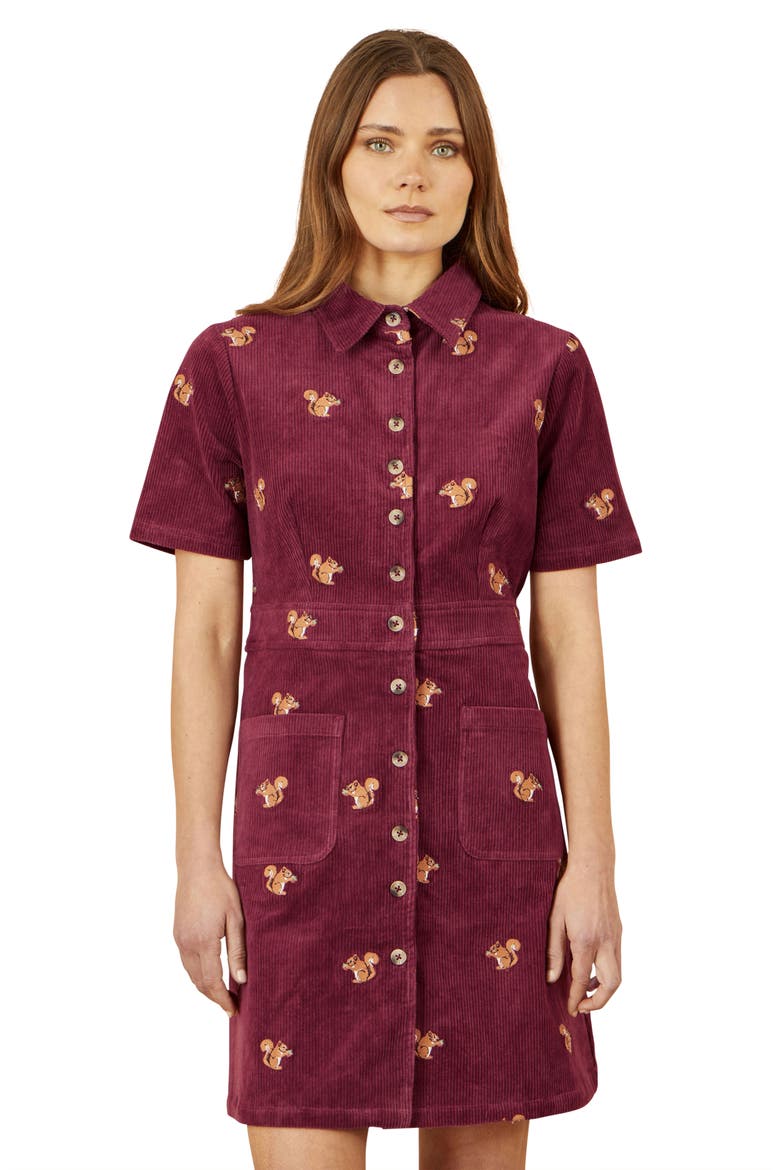 Fox Embroidered Cord Shirt Dress, Alternate, color, Burgundy
