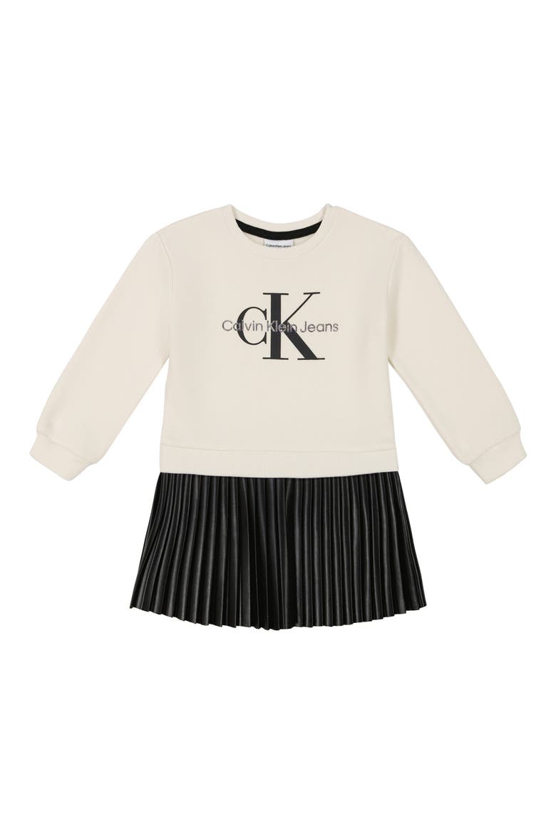 Logo Mixed Media Dress, Main, color, WHITE/ BLACK