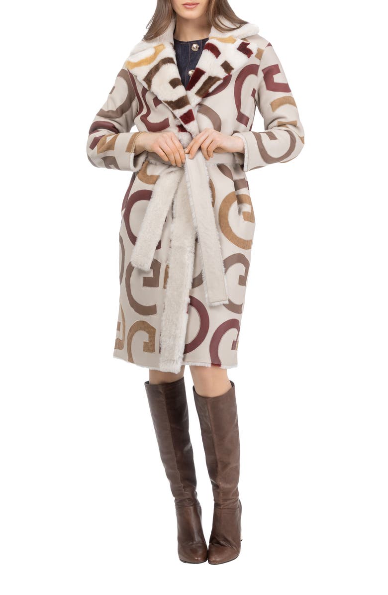 GORSKI Reversible Genuine Shearling G Intarsia Short Coat, Belt, Alternate, color, Cream/Wine/Chestnut/Camel