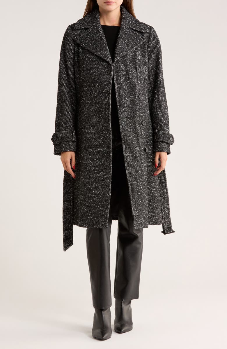 BCBGeneration Double Breasted Trench Coat, Alternate, color, Blk-White Twill