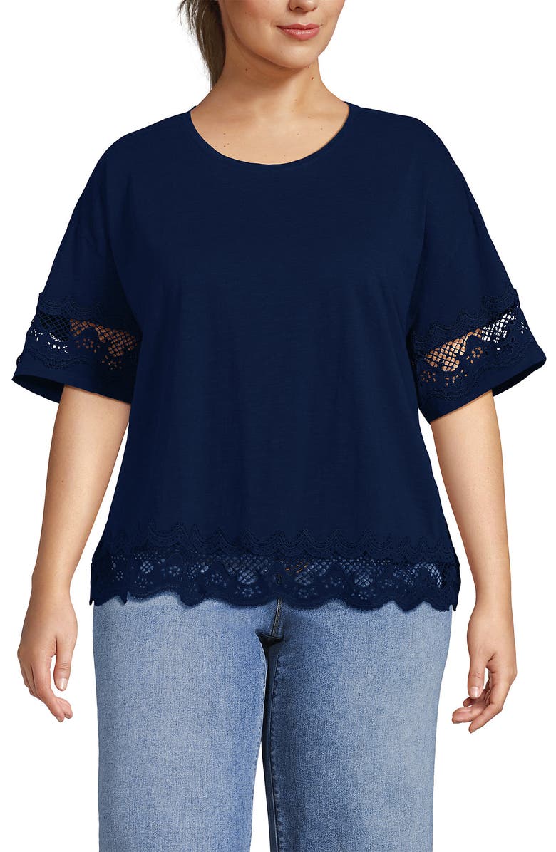 Lands' End Plus Size Short Sleeve Slub jersey Eyelet T-Shirt, Alternate, color, Deep Sea Navy