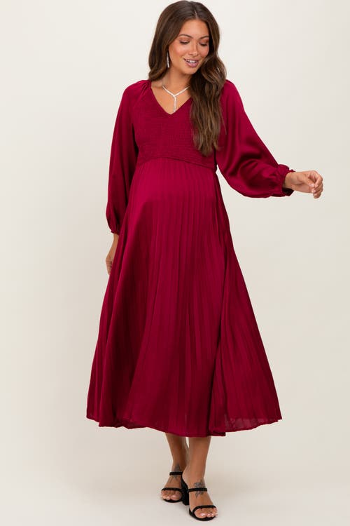 Pinkblush Satin Smocked Pleated Midi Dress In Burgundy