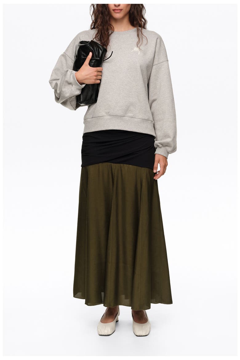 Mixed-Fabric A-Line Midi Skirt, Alternate, color, BLACK
