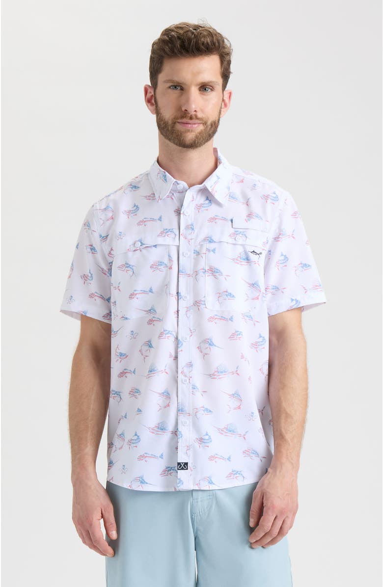 Salt Life Fish N' Bones Americana Woven Short Sleeve Shirt, Main, color, White