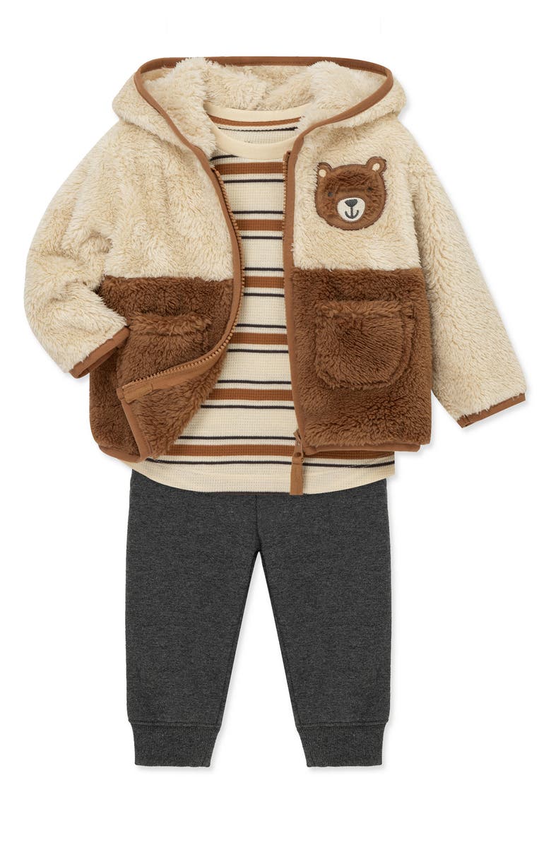 Little Me Colorblock Fleece Jacket, Stripe Thermal T-Shirt & Pants Set, Alternate, color, Multi