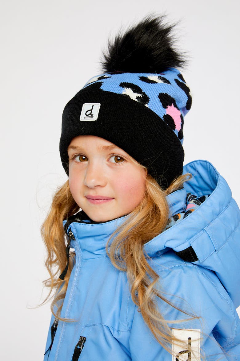 Winter Leopard Jacquard Fleece-Lined Pompom Knit Hat, Alternate, color, Blue Leopard Print