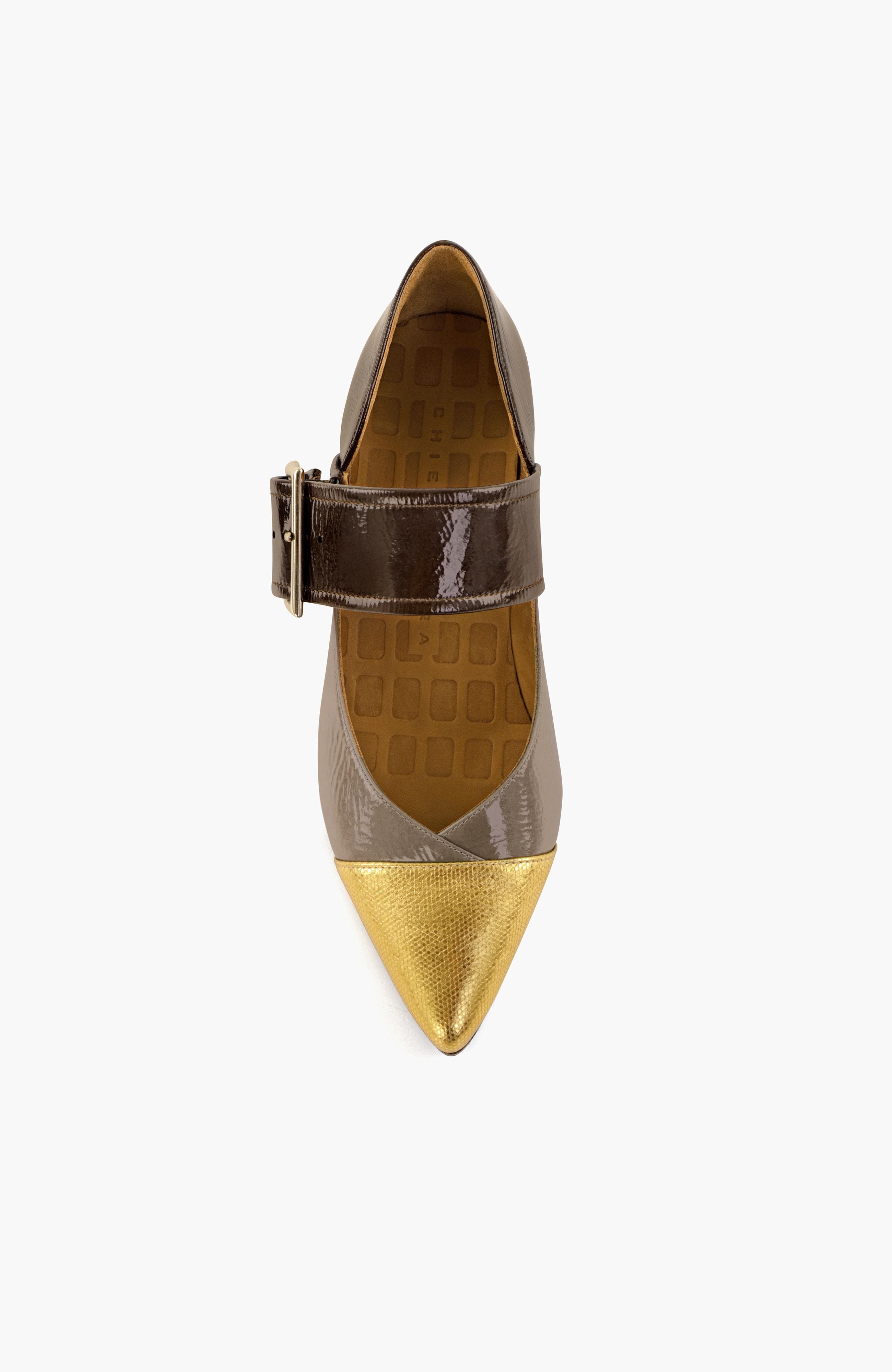 Metallic Mary Jane patent leather buckle pump, Alternate, color, Tan