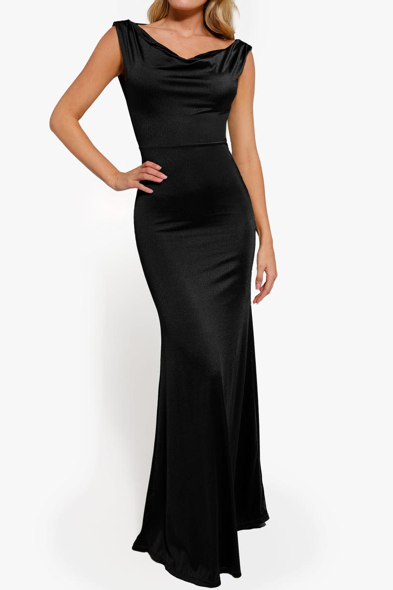 Shimmering Cowl Neck Built-in Shapewear Evening Maxi Dress, Alternate, color, Midnight Black