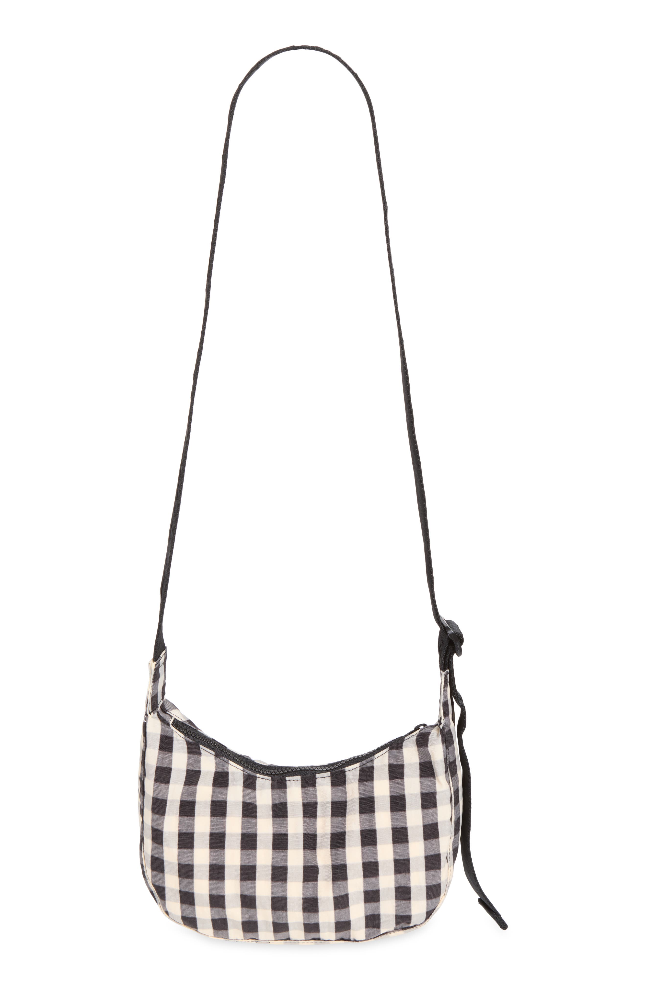 Small Recycled Nylon Crescent Crossbody Bag, Alternate, color, BLACK AND CREAM GINGHAM