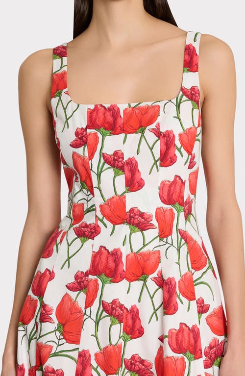 Milly Nia Red Peonia Stretch Cotton Poplin Midi Dress In Multi