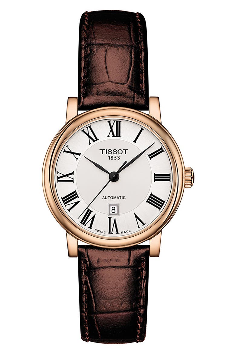 Carson Automatic Leather Strap Watch, 30mm, Main, color, BROWN/ WHITE/ ROSE GOLD