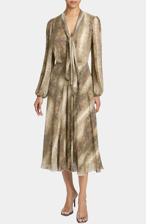 Santorelli Jenn Printed Georgette Midi Dress With Drop Neck Tie In Brown