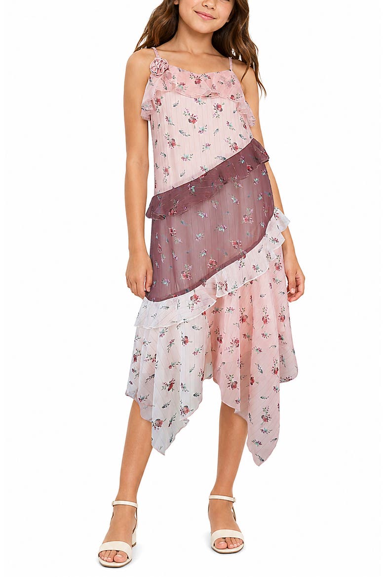 Kids' Ruffle Floral Handkerchief Hem Dress, Alternate, color, BLUSH MULTI