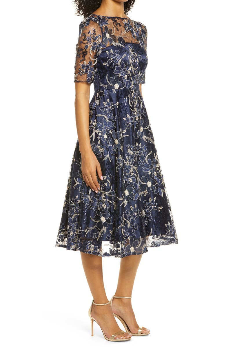 Eliza J Sequin Floral Embroidery Fit & Flare Cocktail Midi Dress, Alternate, color, Navy