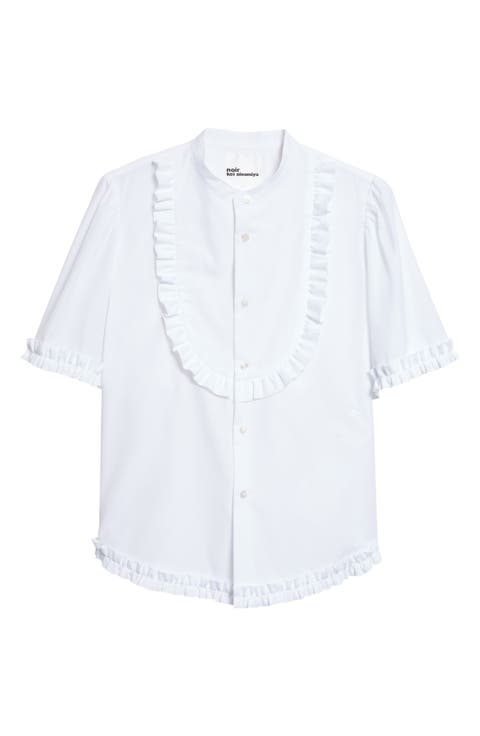 Ruffle Trim Cotton Broadcloth Button-Up Shirt