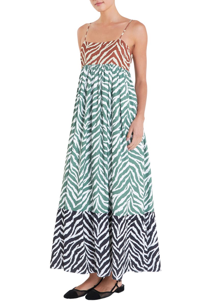English Factory Colorblock Zebra Print Tiered Maxi Sundress, Alternate, color, Brown Multi