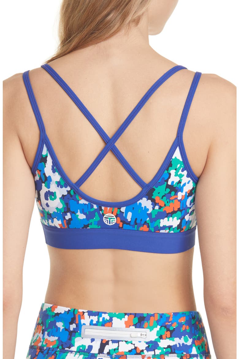 Tory Sport Floral Print Strappy Sports Bra, Alternate, color, ROYALE CAMO FLORAL
