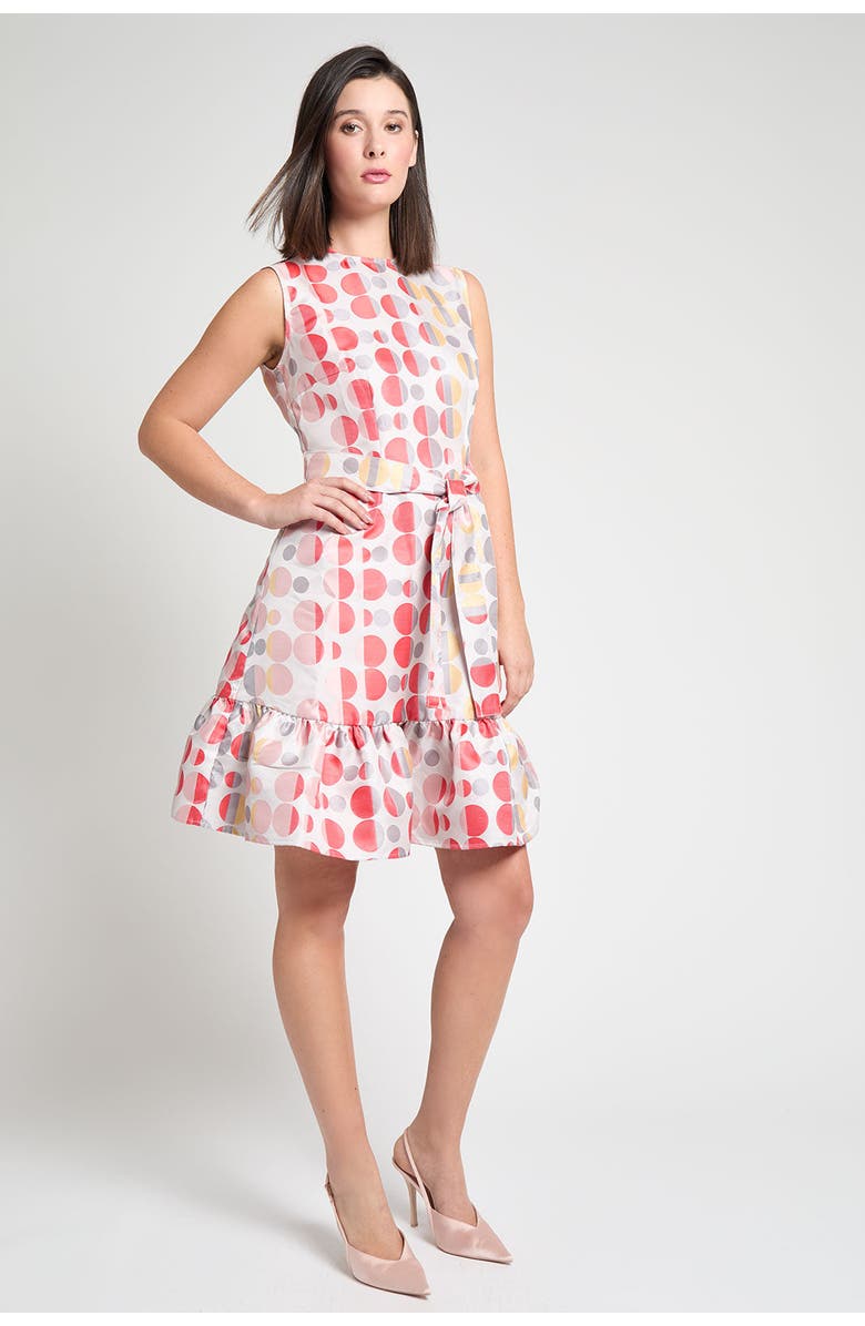 Ming Wang Polka Dot Woven A Line Dress, Alternate, color, Rosy/Sunkist/Lemon/Lunar/White