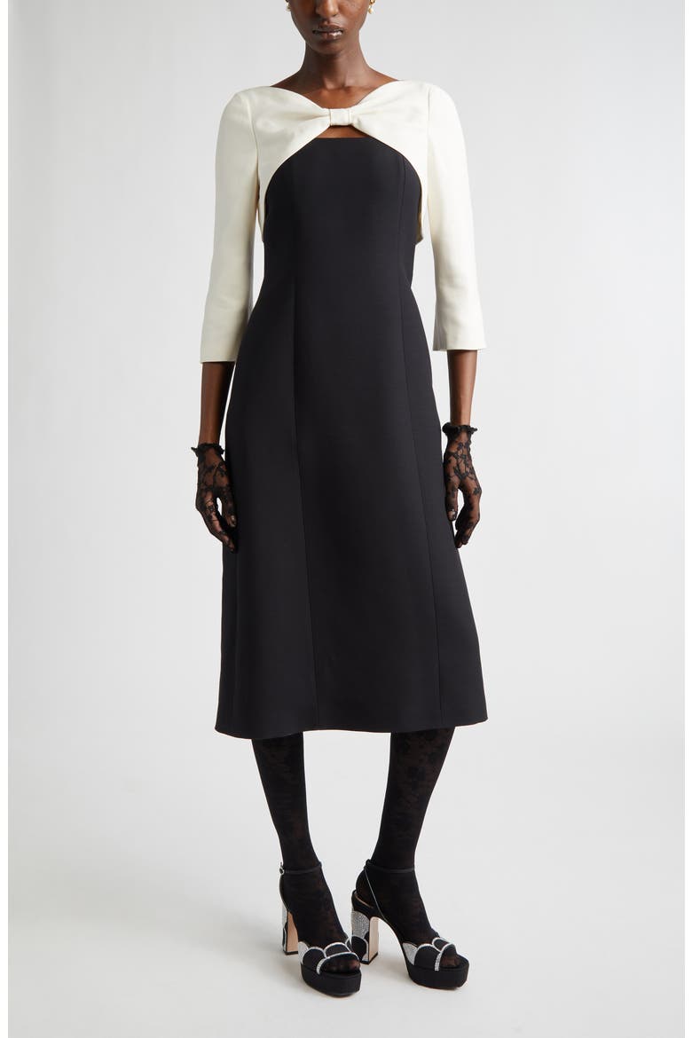 Bow Colorblock Crepe Couture Midi Dress, Main, color, BLACK/ IVORY