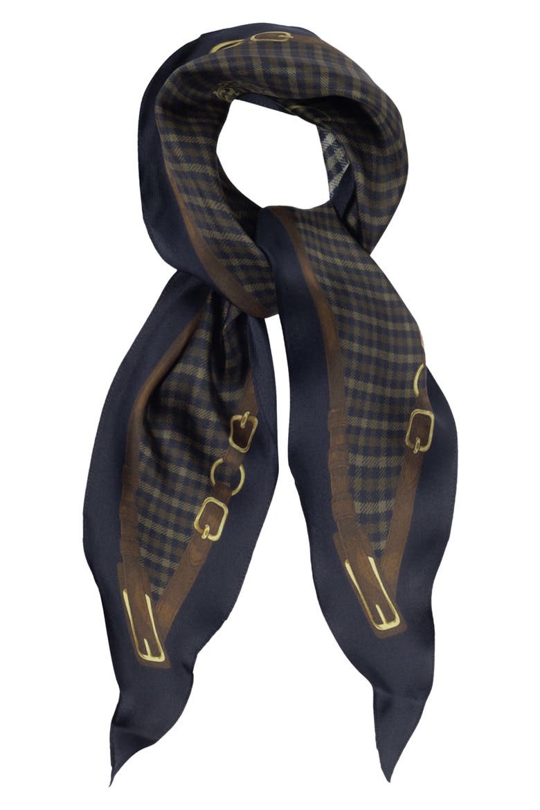 Plaid with Belting Border Silk Scarf, Main, color, NAVY