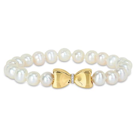 Cultured Pearl & Diamond Bow Bracelet 10k