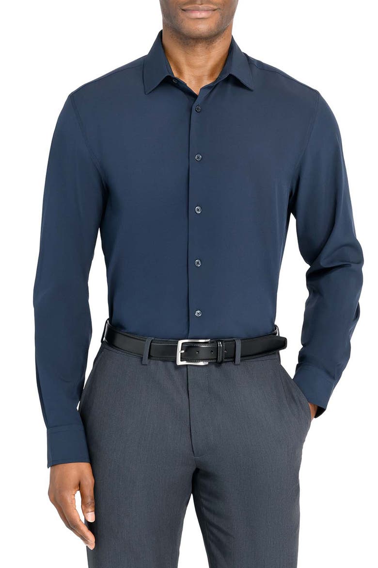 Slim Fit Solid Performance Dress Shirt, Main, color, NAVY