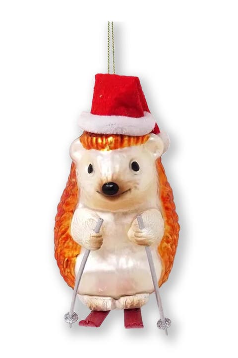 Skiing Hedgehog Santa Hat Glass Ornament