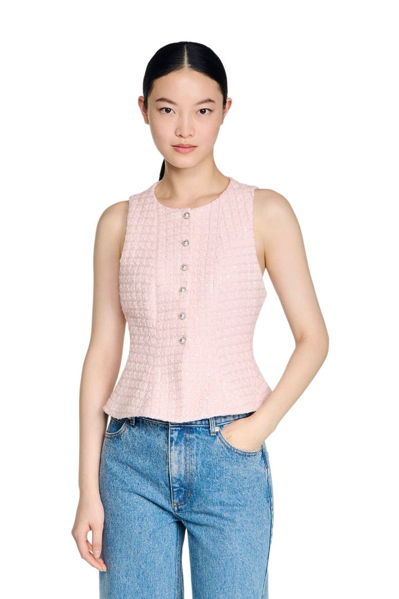 Beaded check tweed jacket, Main, color, Pink