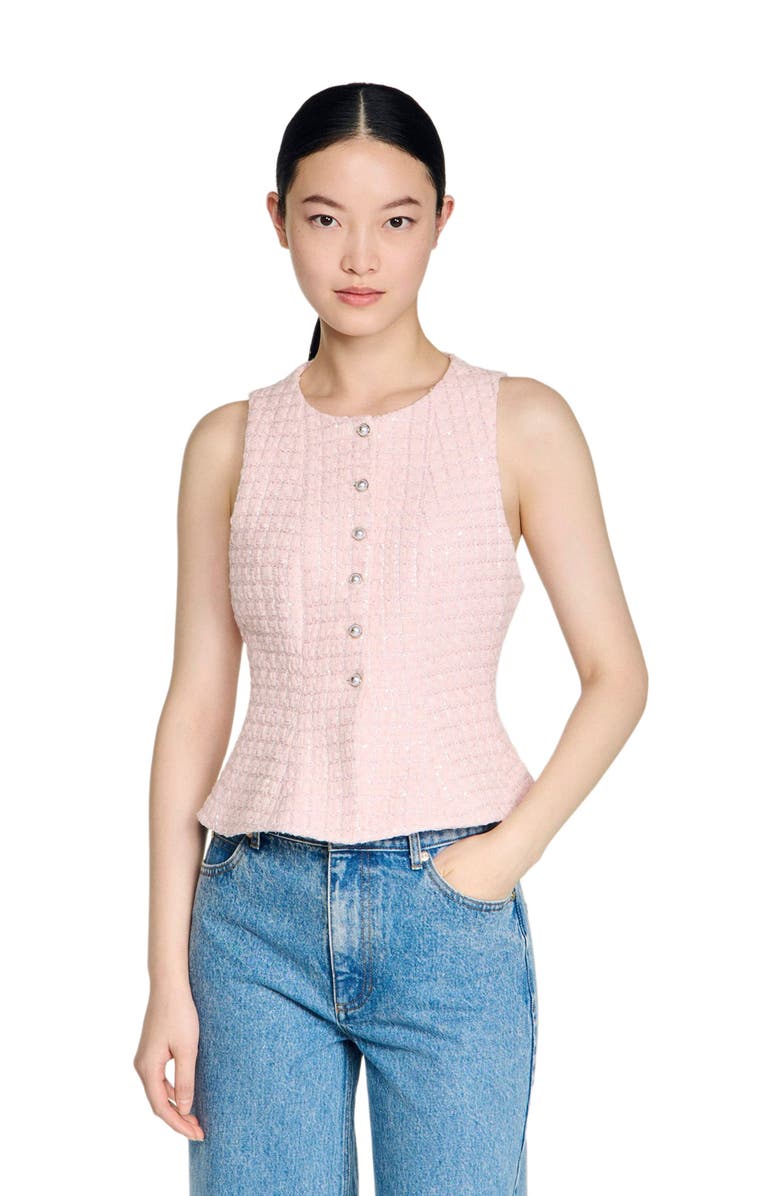 SANDRO Beaded check tweed jacket, Main, color, Pink